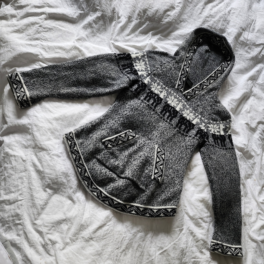 Black and White Hooded Knit Alpaca Wool Sweater with Geometric Alpaca Patterns